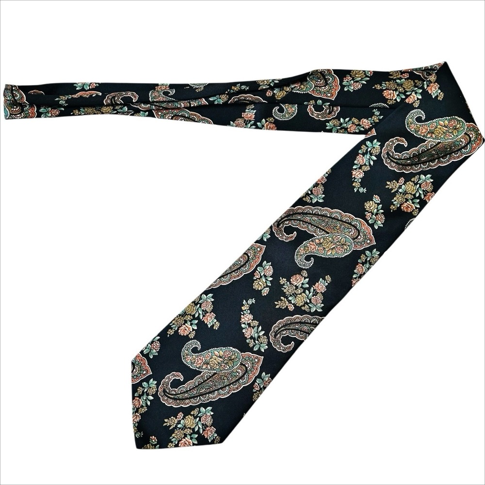 VTG Amherst & Brock‎ Silk Necktie Black Pink Green Floral Paisley Print Neck Tie - Picture 4 of 8